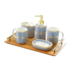 Ivory Porcelain & Gold-Plated Ceramic Bathroom Set – Striped Blue