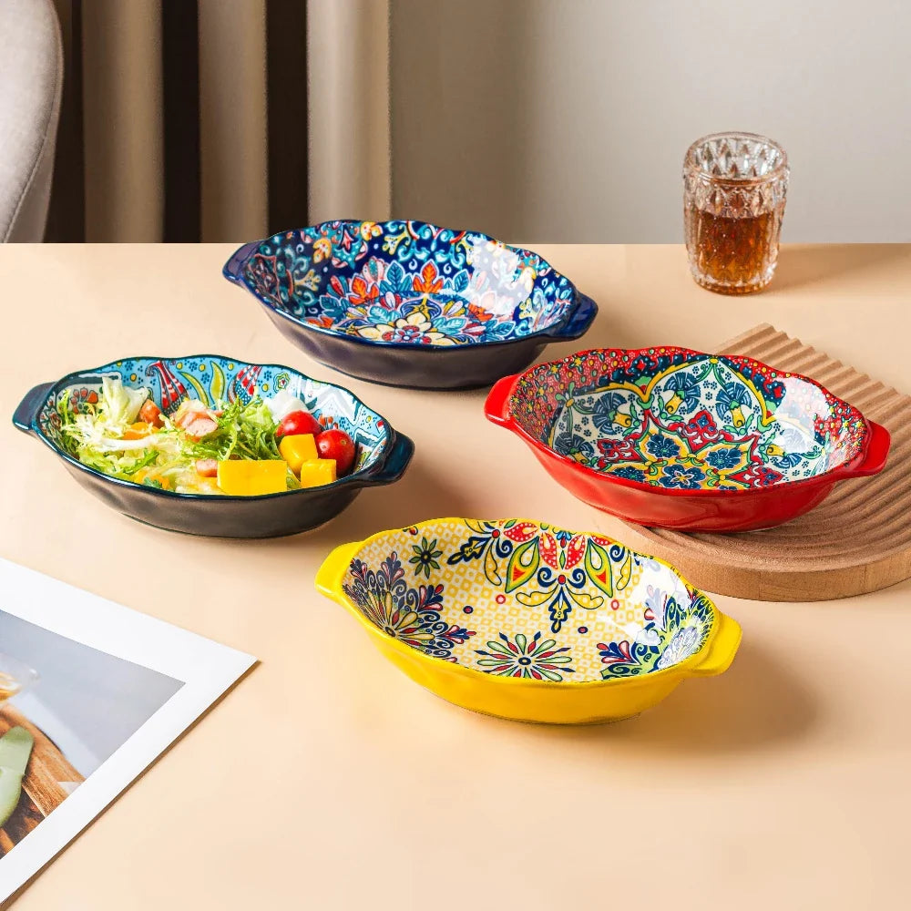 Bohemian Egg-Shaped Ceramic Baking Plate – 9" Colorful Oval Pasta, Salad & Fruit Dish