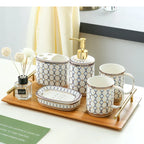 Ivory Porcelain & Gold-Plated Ceramic Bathroom Set – Striped Blue