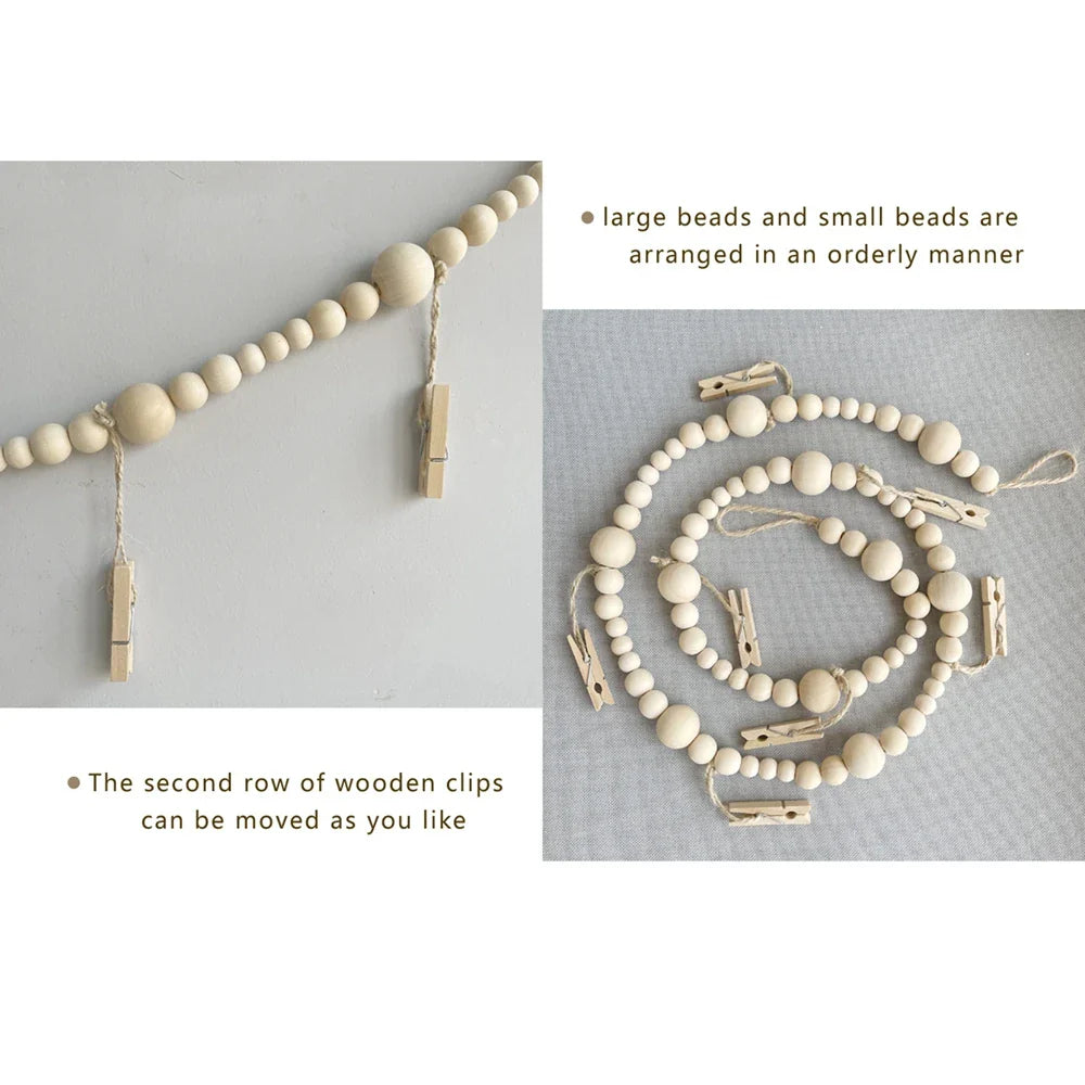 Boho Wall Hanging Photo Display with Wooden Beads & Clips