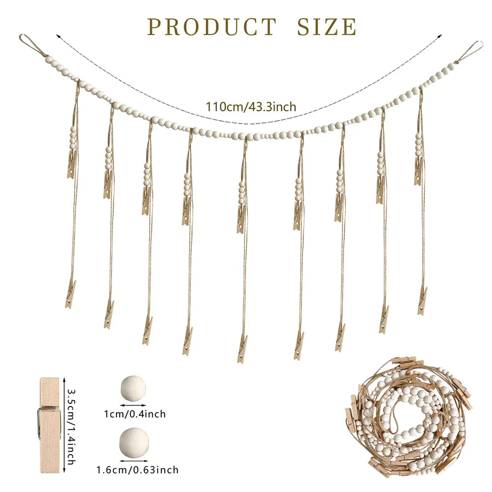 Boho Wall Hanging Photo Display with Wooden Beads & Clips