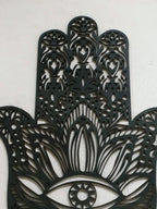 Wooden Gothic Hamsa Hand Wall Hanging – Evil Eye Ornament for Boho Home Decor, Dorm, or Table Display