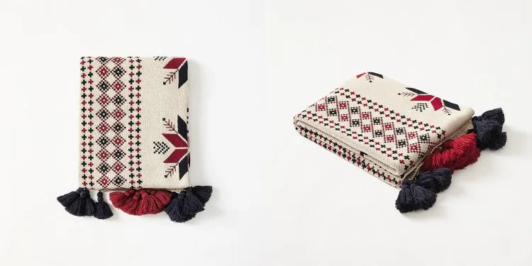 Bohemian Snowflake Fringed 100% Cotton Knit Throw Blanket