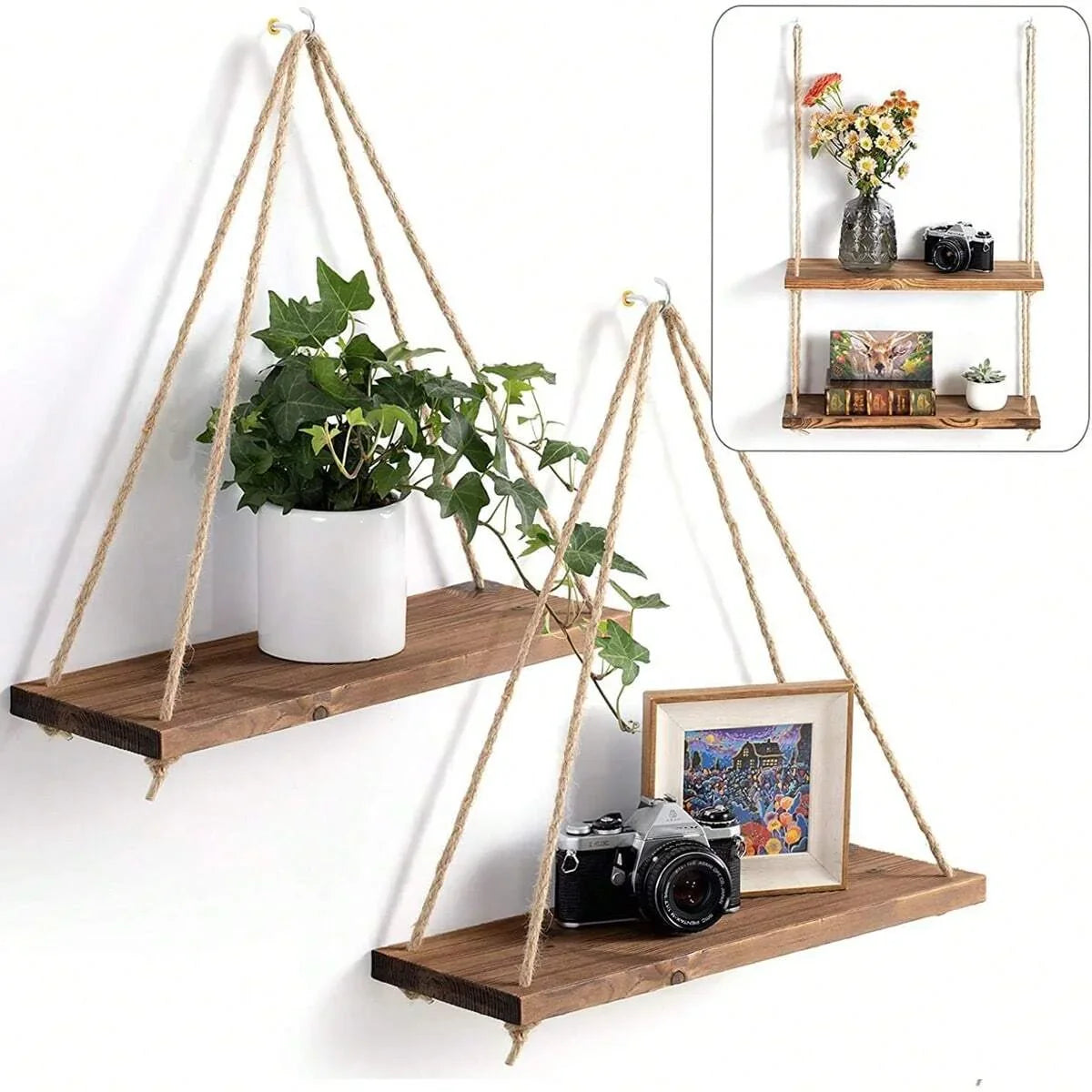 1Pc or 3Pcs Wooden Swing Hanging Hemp Rope Wall Shelf Mounted Floating Home Living Room Plant Flower Pot Tray Storage Garden Decoration Shelves Boho Home Decor Wall Art