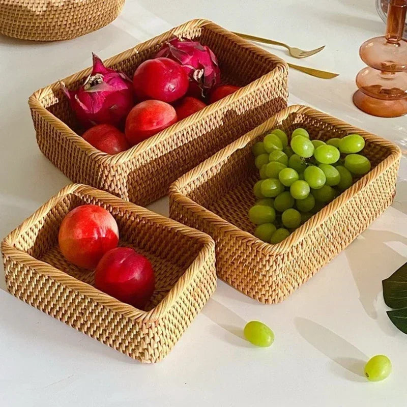 Handwoven Rectangular Rattan Basket – Boho Wicker Storage Bin for Fruit, Snacks, Tea, Bread, or Home Organization