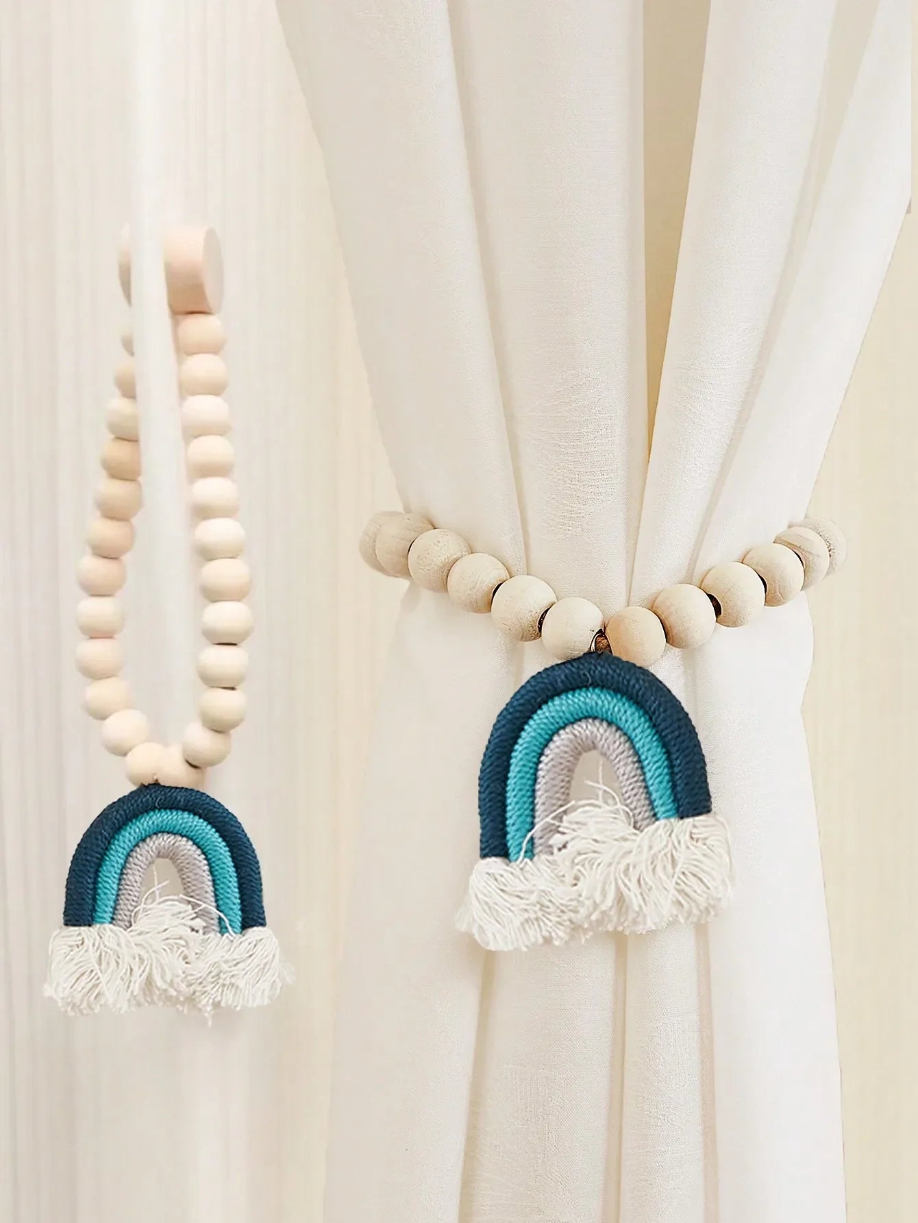 🌈 Magnetic Rainbow Curtain Tiebacks – Wooden Bead & Hemp Rope Holdbacks for Boho Home Decor