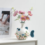 Hand-Painted Ceramic Fish Vase – Modern Boho Home Decor, Wavy Pattern, Colorful Cartoon Fish Flower Pot