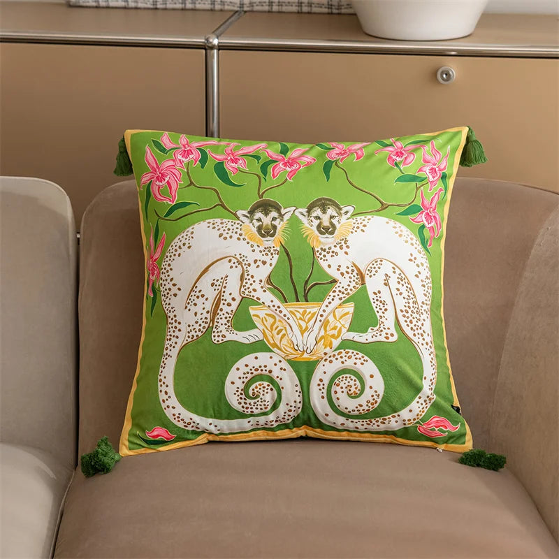 Vintage Velvet Animal Print Pillow Cover – Double-Sided Decorative Cushion for Boho & Eclectic Homes