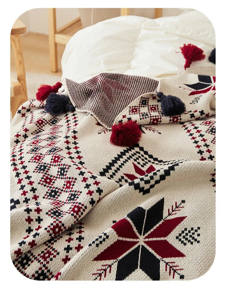 Bohemian Snowflake Fringed 100% Cotton Knit Throw Blanket