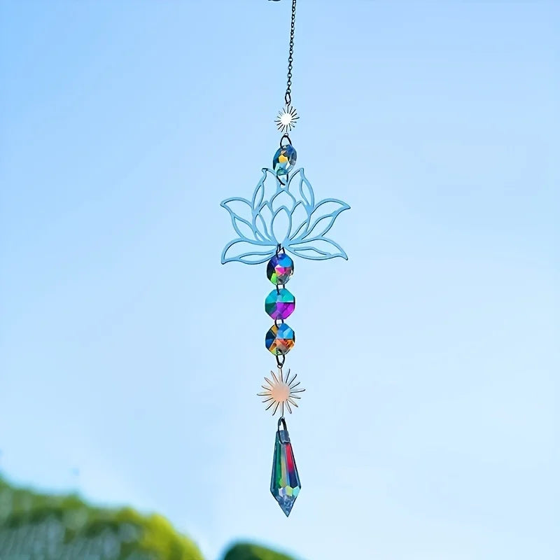 Metal Lotus & Crystal Boho Suncatcher – Handmade Sunlight Charm for Home & Garden