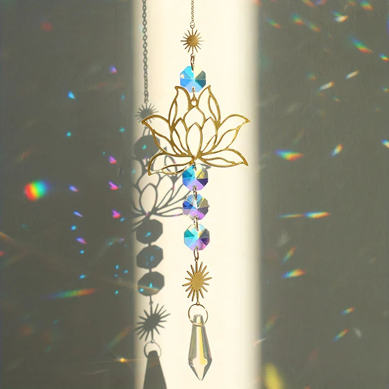 Metal Lotus & Crystal Boho Suncatcher – Handmade Sunlight Charm for Home & Garden