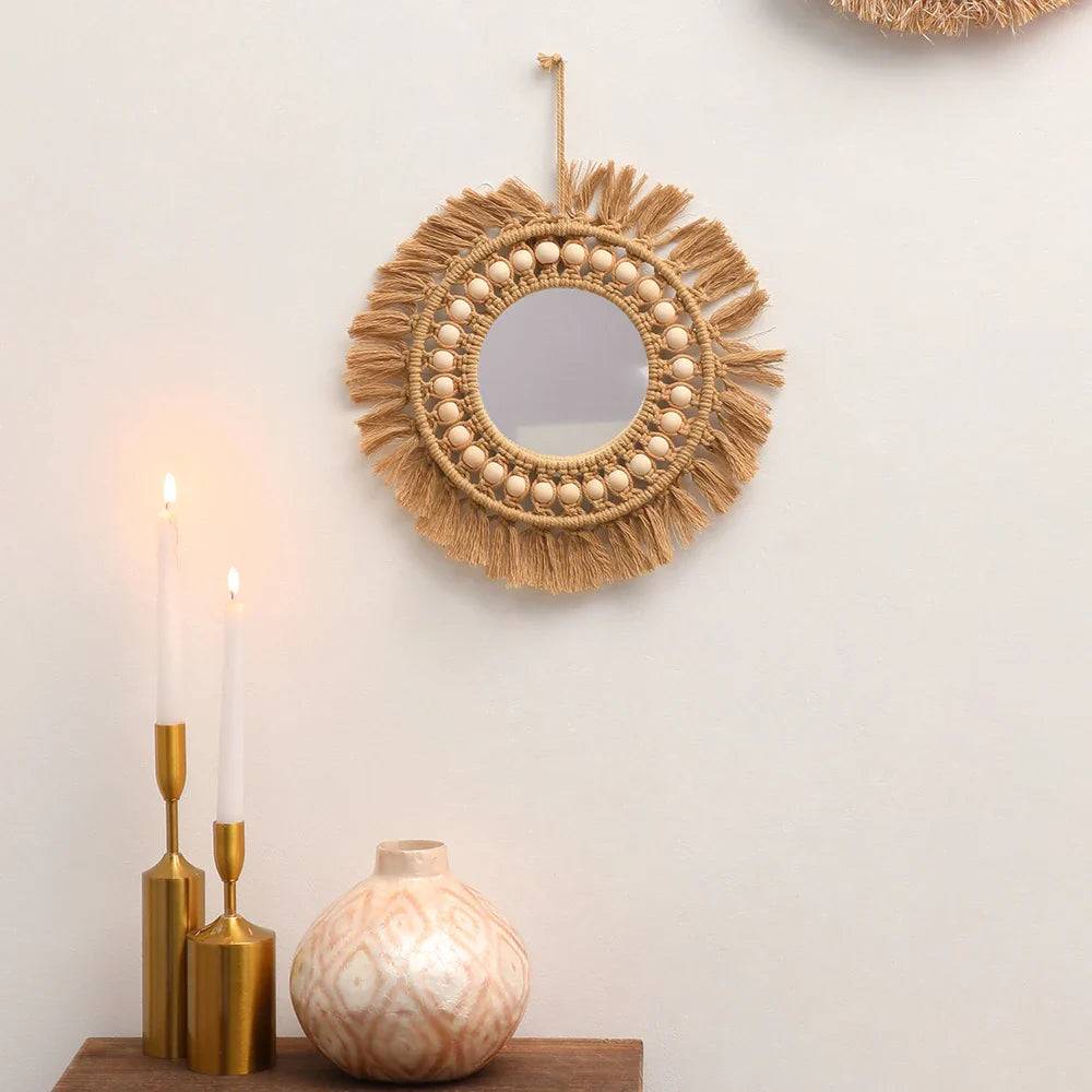 Boho Round Macrame Wall Mirror – Handwoven Decorative Hanging Mirror