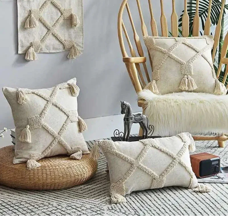 Boho Neutral Tufted & Tasseled Throw Pillow Case