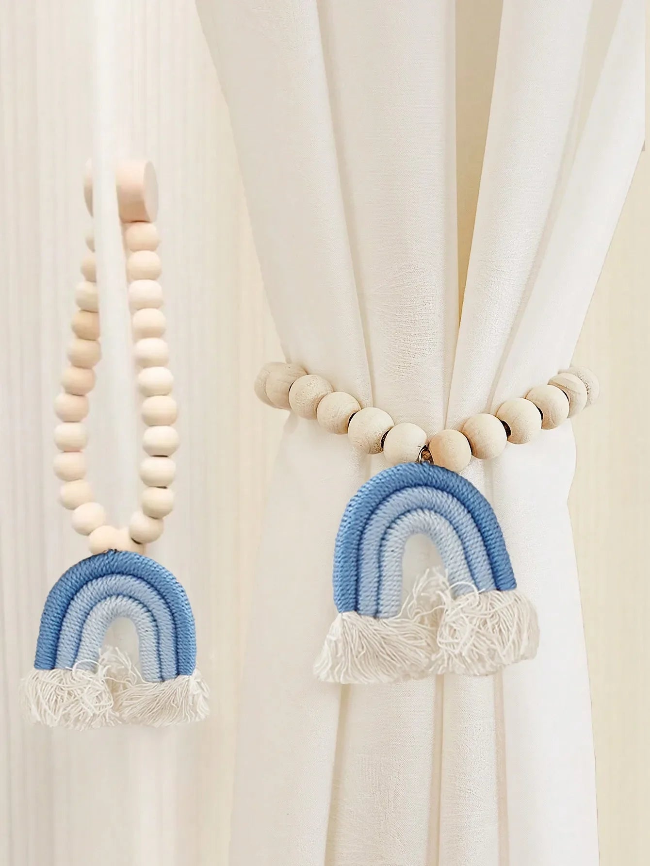 🌈 Magnetic Rainbow Curtain Tiebacks – Wooden Bead & Hemp Rope Holdbacks for Boho Home Decor