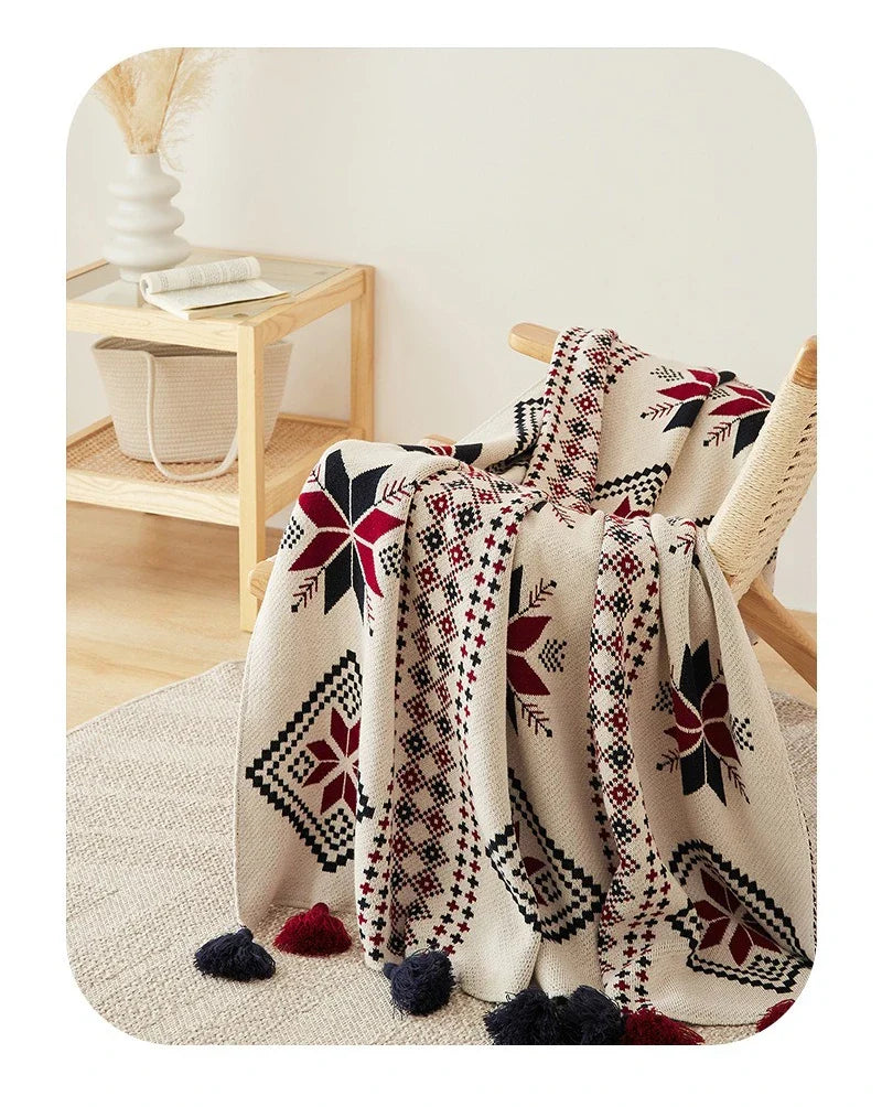 Bohemian Snowflake Fringed 100% Cotton Knit Throw Blanket