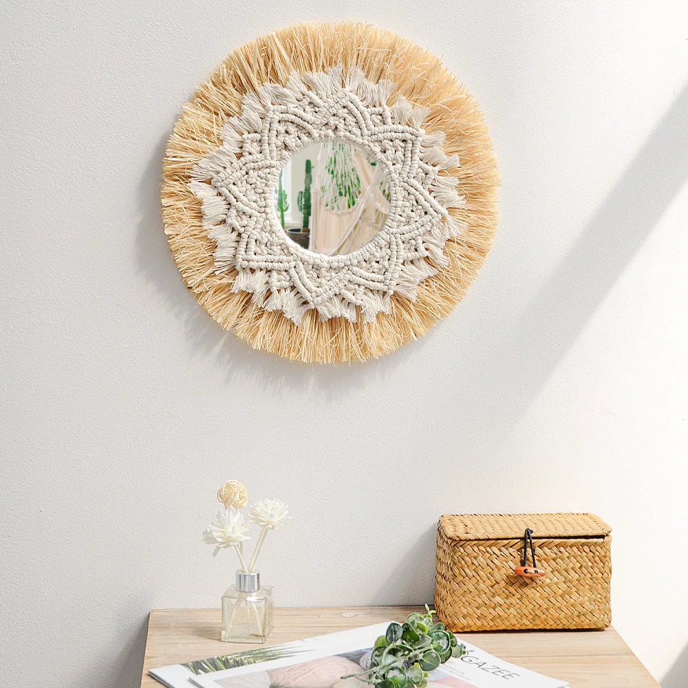 Boho Macrame Wall Art – Woven Straw & Cotton Rope Round Mirror, Clock & Wall Art| Nordic Wedding Decor & Boho Home Accent