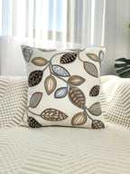 Leaf Embroidered Throw Pillow Cover – Canvas Cushion Cover for Boho Home Decor