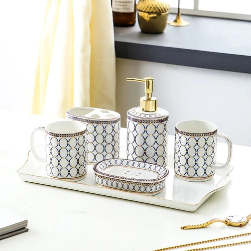 Ivory Porcelain & Gold-Plated Ceramic Bathroom Set – Striped Blue