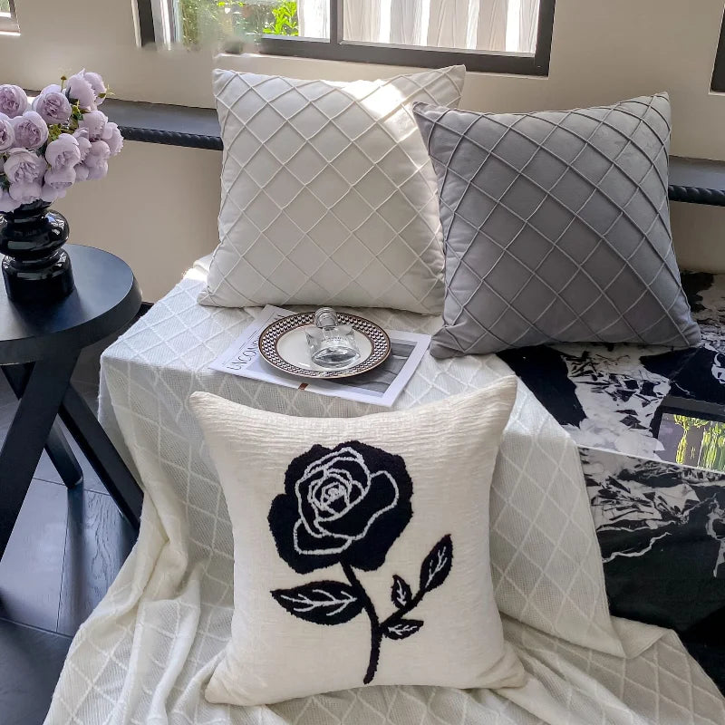 Black Rose Embroidered Cushion Cover – Nordic Chenille Pillowcase for Elegant Living Room Decor