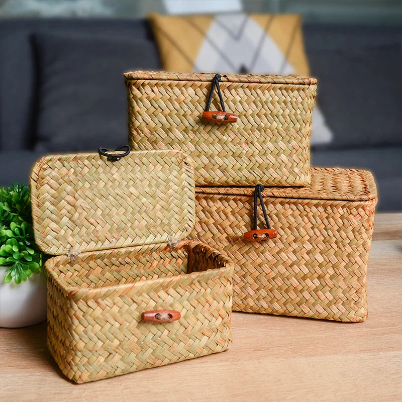 Handmade Seagrass Rattan Storage Box with Lid – Rectangular Woven Organizer Basket for Makeup, Office & Home Decor