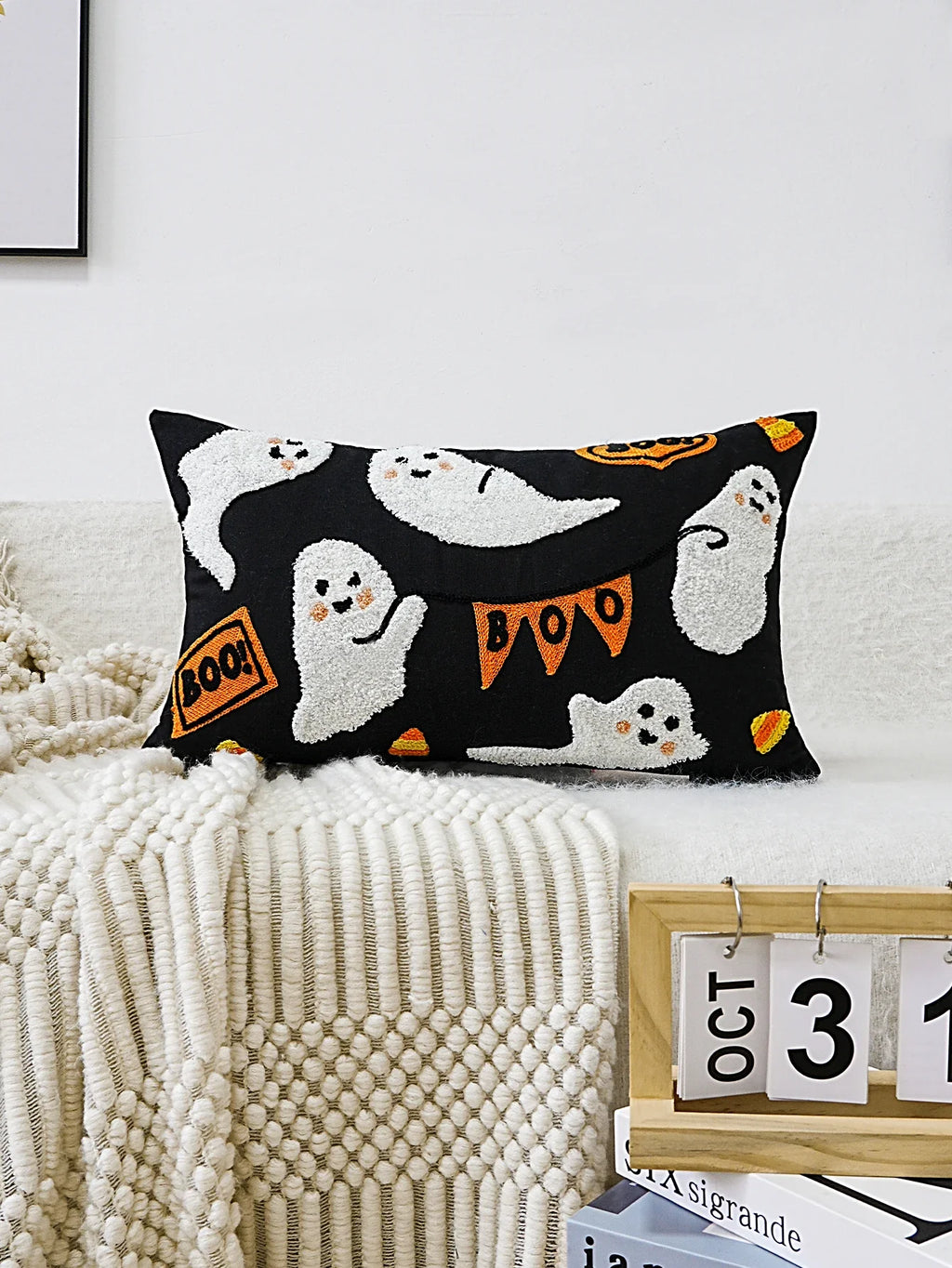 Halloween Ghost Embroidered Pillow Cover – Spooky Chic Accent for Sofa, Chair, or Bed