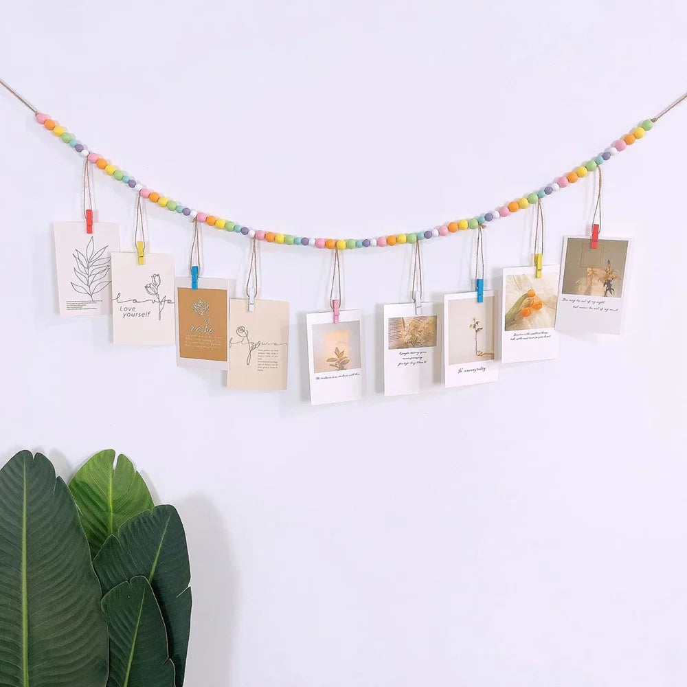 Boho Wall Hanging Photo Display with Wooden Beads & Clips
