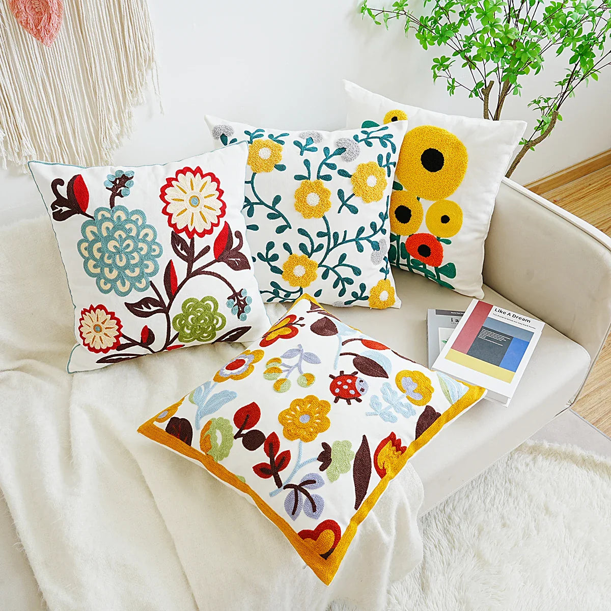 Boho Home Decor Floral Embroidered Pillow Cover – Square Decorative Cushion Case for Sofa & Home