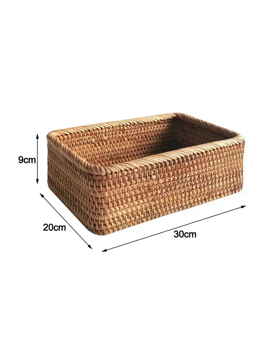 Handwoven Rectangular Rattan Basket – Boho Wicker Storage Bin for Fruit, Snacks, Tea, Bread, or Home Organization