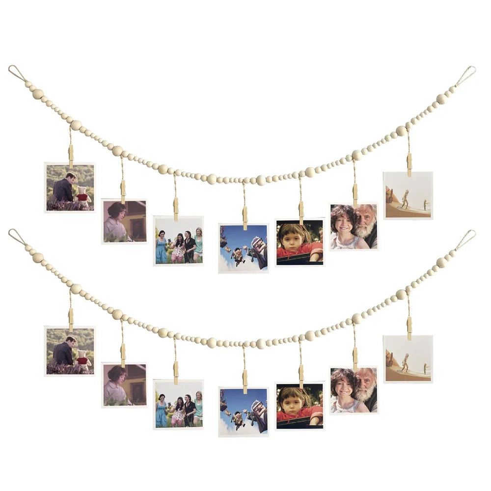 Boho Wall Hanging Photo Display with Wooden Beads & Clips