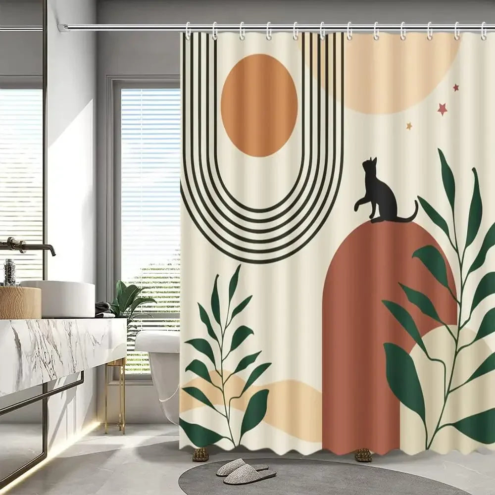 Abstract Bohemian Shower Curtain Arch Sun Moon Phases Boho Leaf Modern Minimalist aesthetic line geometric decorative Bathroom Home Decor Cat Leaves Mountains Outdoors