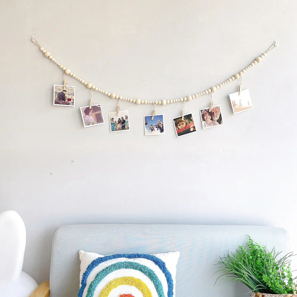 Boho Wall Hanging Photo Display with Wooden Beads & Clips