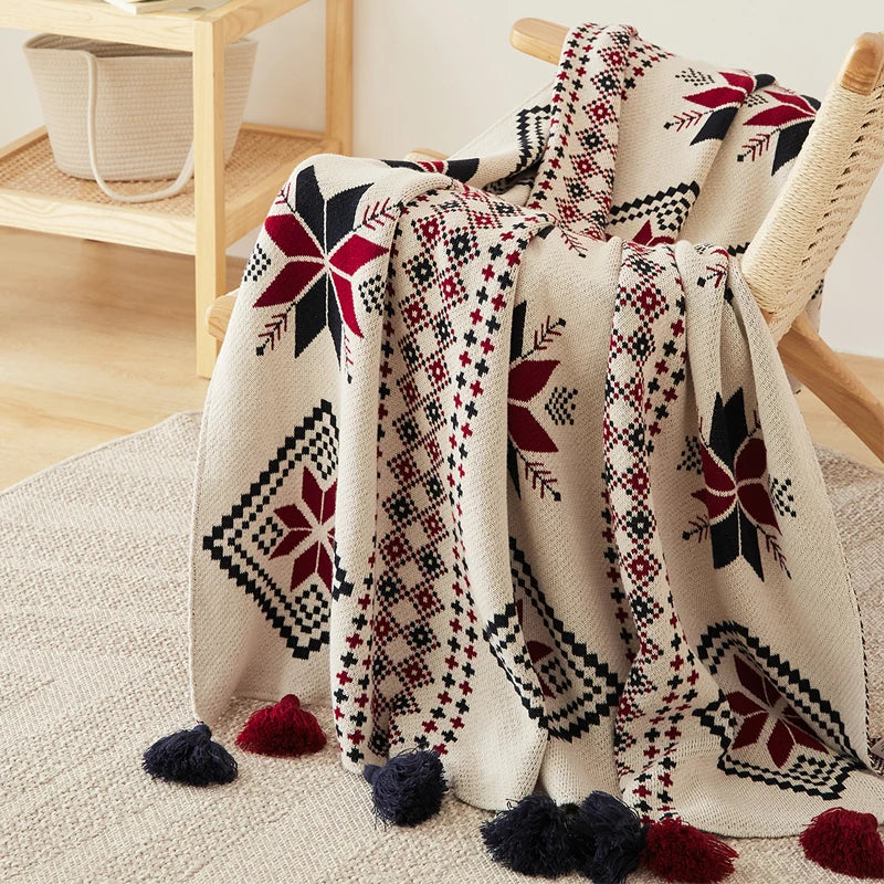 Bohemian Snowflake Fringed 100% Cotton Knit Throw Blanket