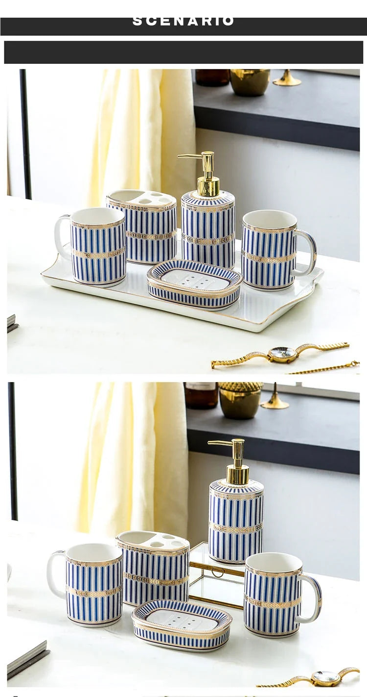 Ivory Porcelain & Gold-Plated Ceramic Bathroom Set – Striped Blue