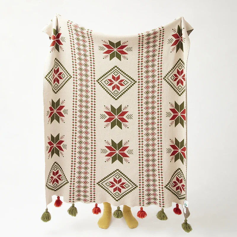 Bohemian Snowflake Fringed 100% Cotton Knit Throw Blanket