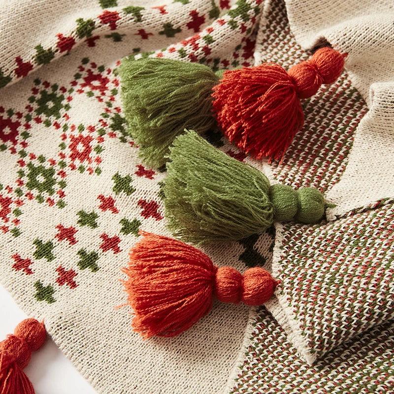 Bohemian Snowflake Fringed 100% Cotton Knit Throw Blanket