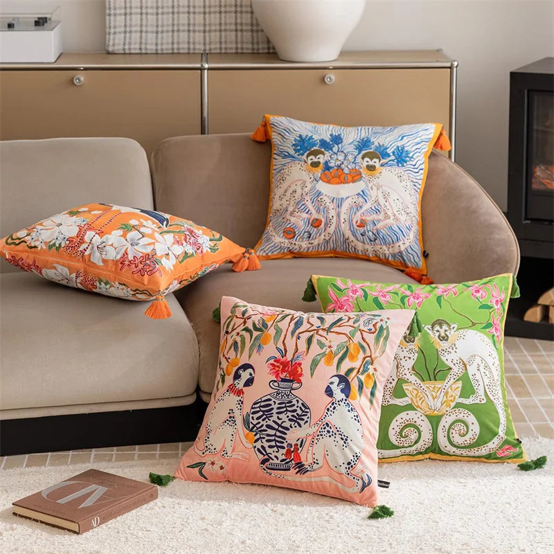 Vintage Velvet Animal Print Pillow Cover – Double-Sided Decorative Cushion for Boho & Eclectic Homes