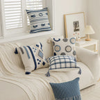 Nordic Tufted Cushion Cover – Geometric Stripe & Grid Crochet with Tassels for Sofa, Bed & Home Decor