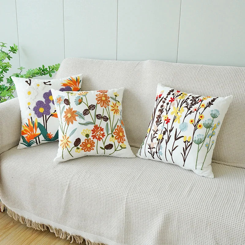 Embroidered Flower Throw Pillow Cover – Plant Design Decorative Cushion for Sofa, Chair & Bed