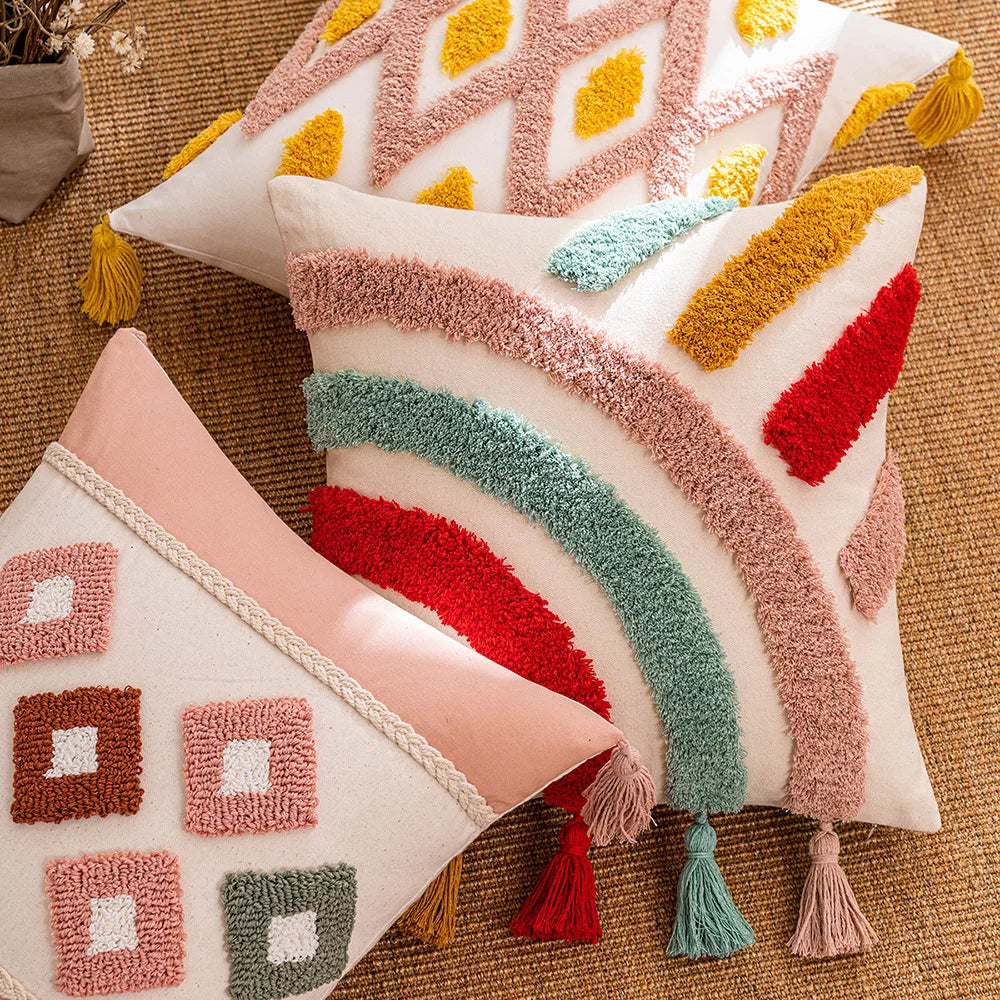 Tufted Bohemian Throw Pillow Cover – Geometric Embroidered Cushion with Tassels