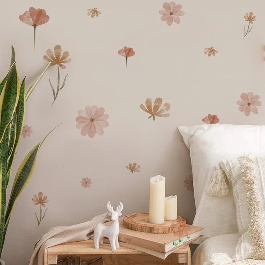 Boho Floral Leaf Wall Stickers – Removable 3D Vinyl Decals for Kids' Nursery & Home Decor - Pink Flowers