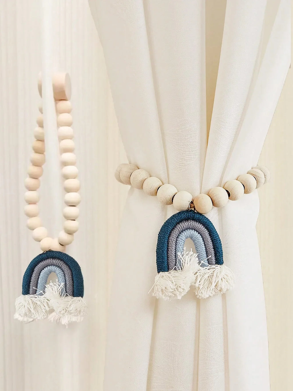 🌈 Magnetic Rainbow Curtain Tiebacks – Wooden Bead & Hemp Rope Holdbacks for Boho Home Decor