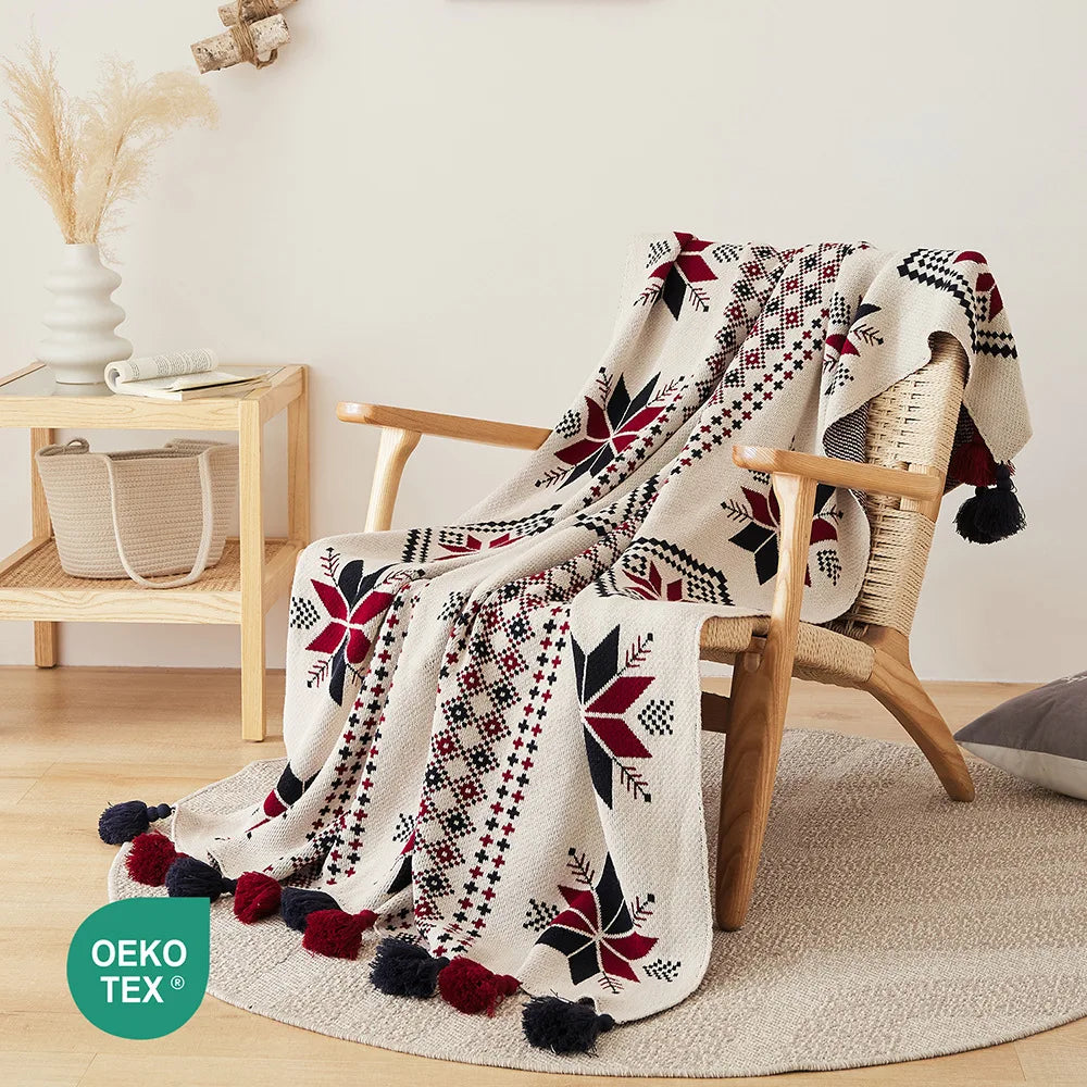 Bohemian Snowflake Fringed 100% Cotton Knit Throw Blanket