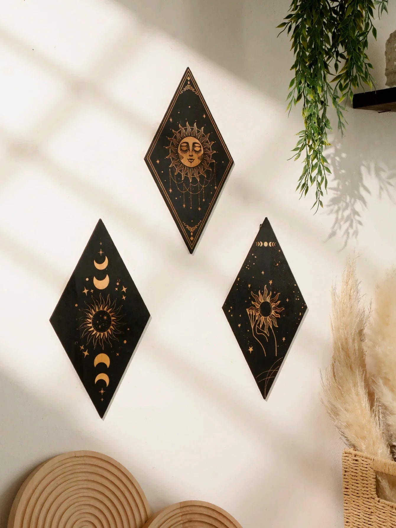 🌙 Wooden Witchy Wall Hanging – Gothic Moon, Sun, Stars & Snake Boho Decor for Mystical Bedrooms & Crafty Corners