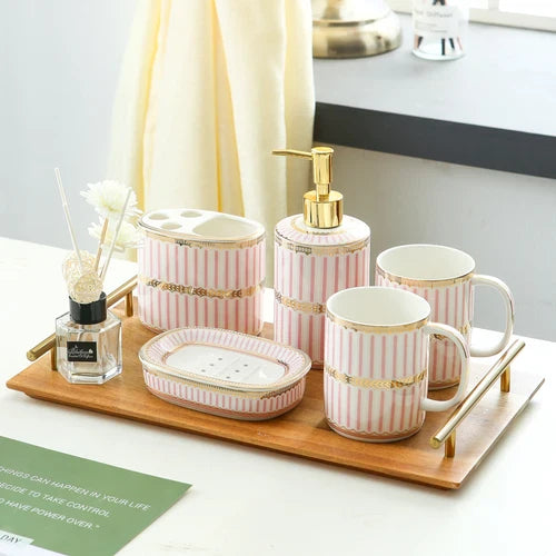 Ivory Porcelain & Gold-Plated Ceramic Bathroom Set – Black