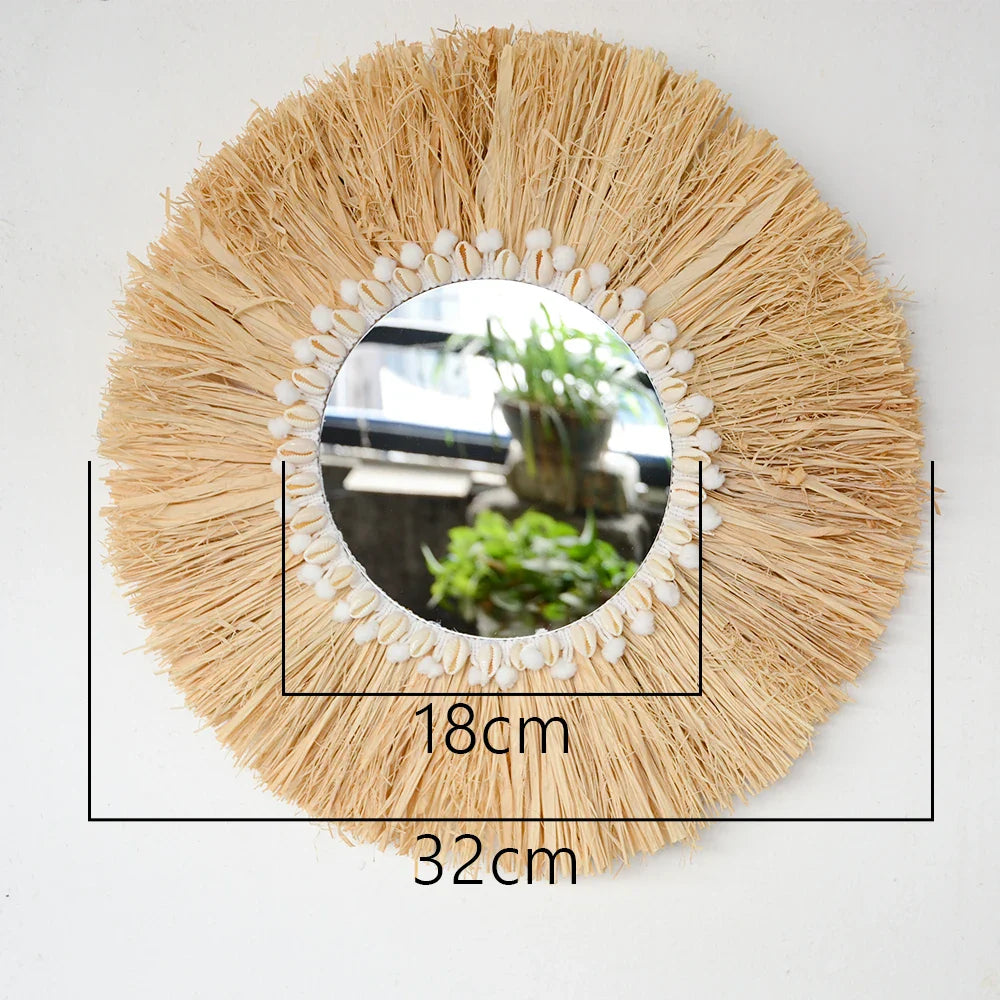 Boho Macrame Wall Art – Woven Straw & Cotton Rope Round Mirror, Clock & Wall Art| Nordic Wedding Decor & Boho Home Accent