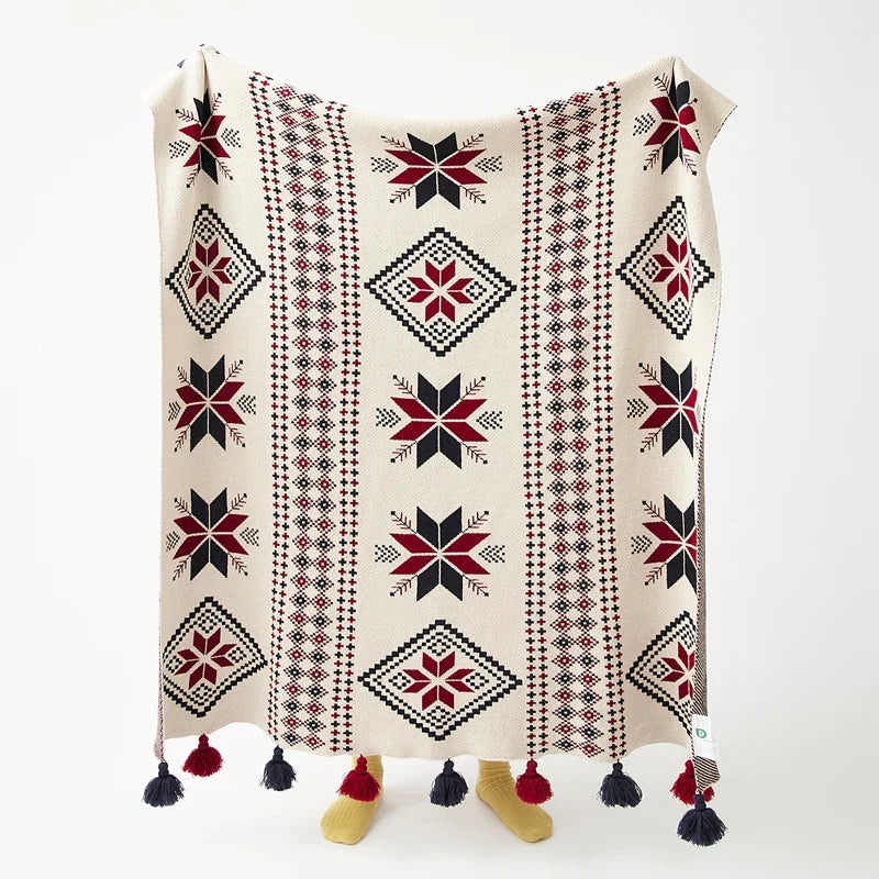Bohemian Snowflake Fringed 100% Cotton Knit Throw Blanket
