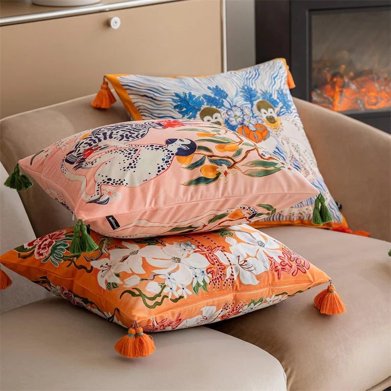 Vintage Velvet Animal Print Pillow Cover – Double-Sided Decorative Cushion for Boho & Eclectic Homes