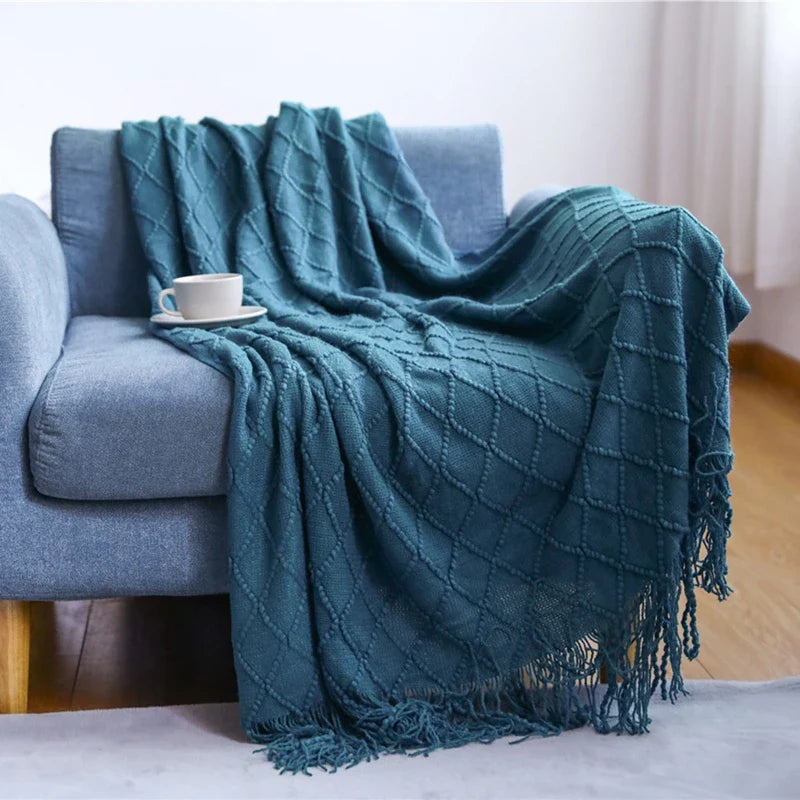 Soft Knit Boho Throw Blanket – Lightweight Acrylic Travel & Home Decor Accent with Fringe